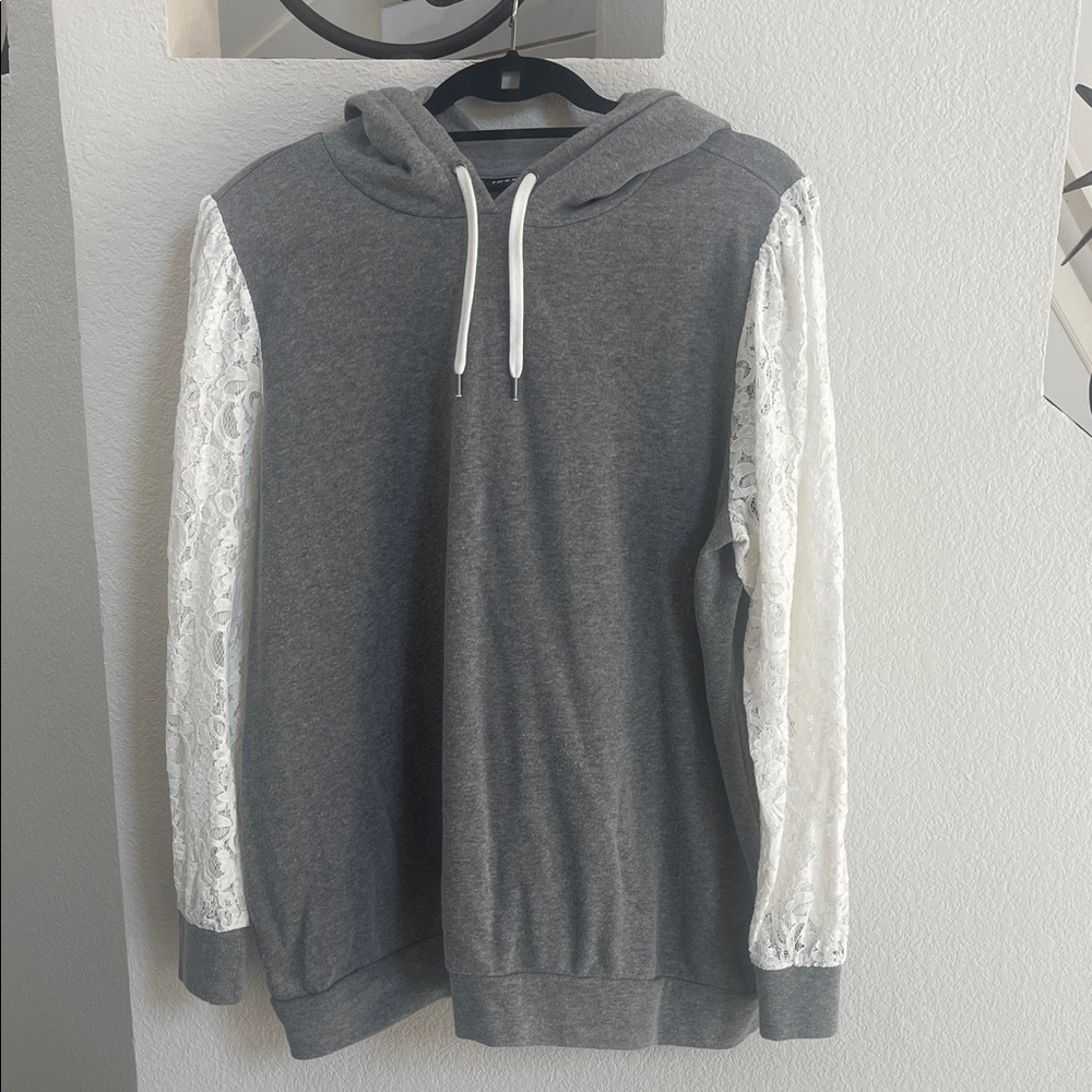 Torrid Gray and White Lace Sleeve Hoodie Sweater